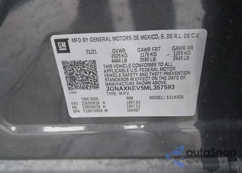 2021 Chevrolet Equinox Fwd Lt из США, поврежденный, VIN 3GNAXKEV5ML357593